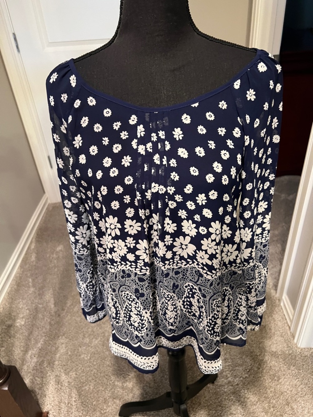 Blu Pepper Navy and White Floral Paisley Long-Sleeve Blouse